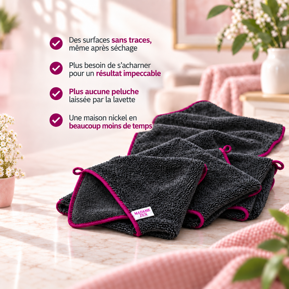 MadameZen™ — La Microfibre Anti-Traces et Sans Peluches